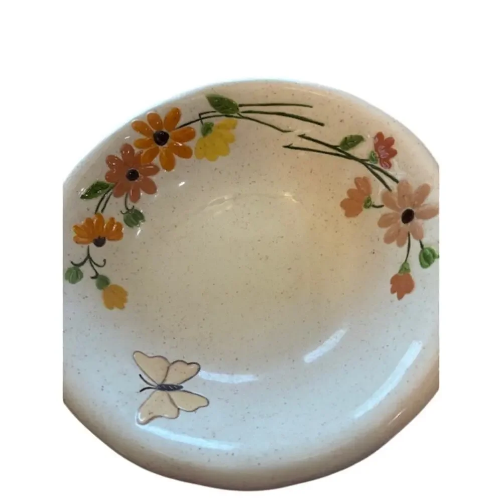 Vintage Beautiful Ceramic Pitcher & Basin Set Handpainted w/Flowers and Buttefly